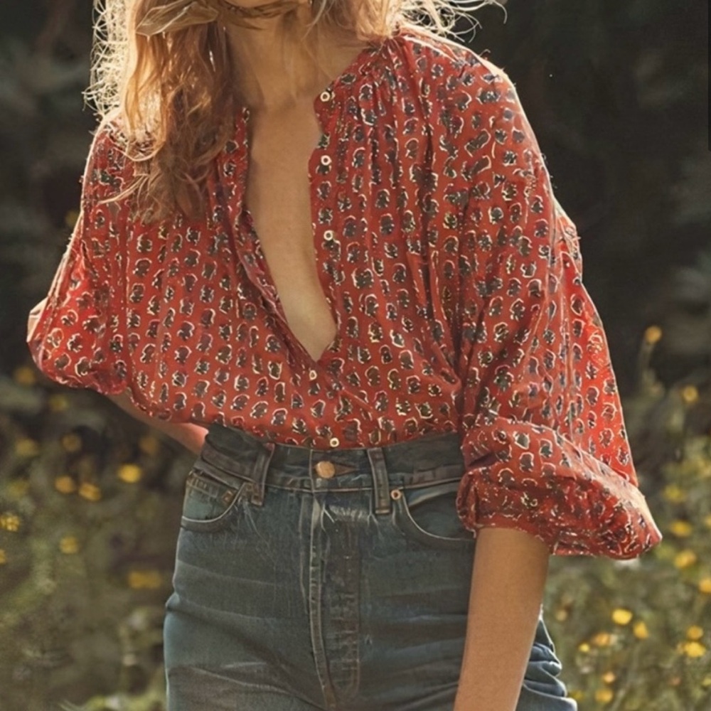 Doen Jane Blouse calico canyon blooms orange red oversized organic cotton top XS